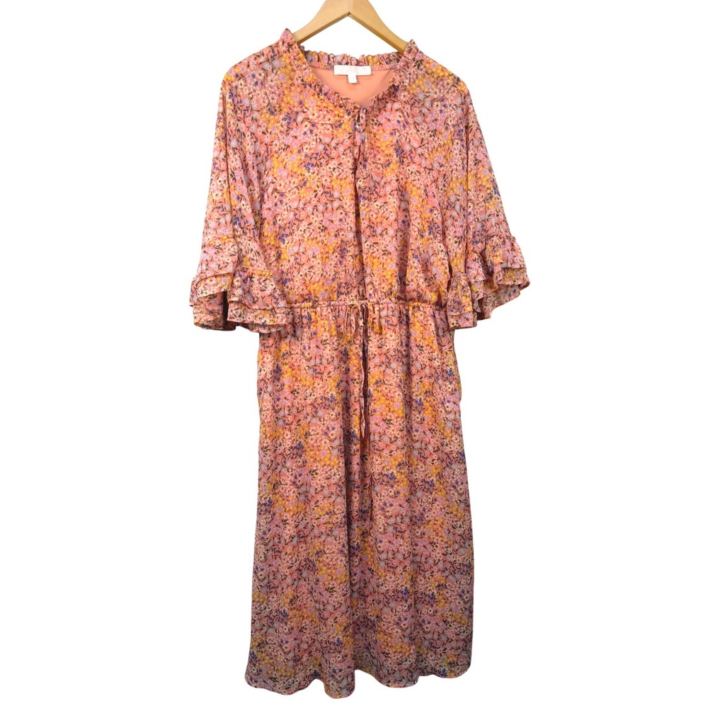 Adyson Parker Pink Floral Ruffle Midi Dress 2X‎  Boho Cottage Prairie Wedding